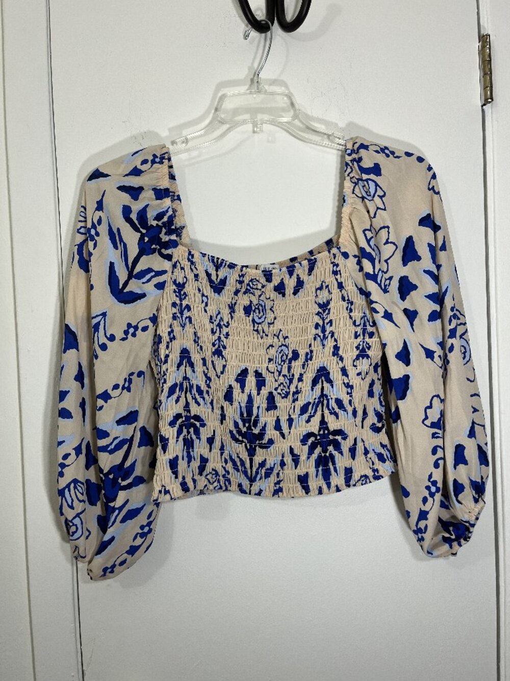 Blue Cream Floral Smocked Puff Sleeve Top